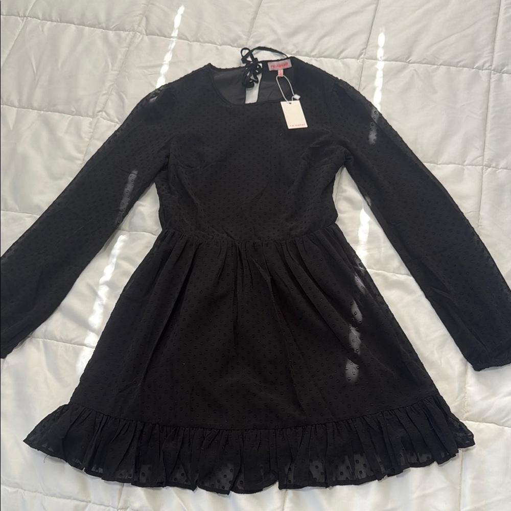 Elegant Black Dress with open tie back and fringe bottom